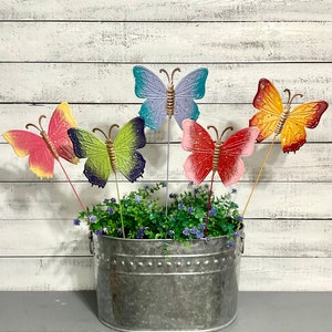 Set of 5 Multicolor Vibrant Butterfly Flower Pot Stakes 22" Tall - Butterfly Metal Garden Art - Butterfly Garden Stakes - Metal Yard Art