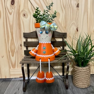 Clay Pot People Planter &#39;Fern Potter&#39;: Hand-Painted Orange Terra Cotta Flower Pot