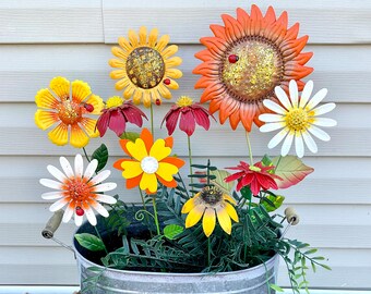 Burst of Summer 10 Pc Metal Flower Stakes /Orange Yellow Red Flowers/Garden Art Flowers/Metal Flower Pot Stakes/Metal Yard Art/Gardening