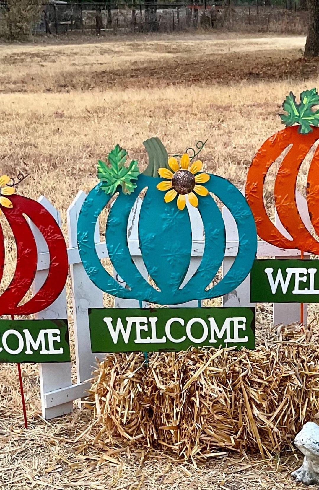 Teal Blue WELCOME PUMPKIN W/sunflower Yard Stake - Autumn Fall ...