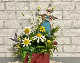 Metal Flower Bouquet with Angel/White Forever Flowers/White & Yellow Table Top Centerpiece Floral Arrangement/ Gift for Mom Birthday