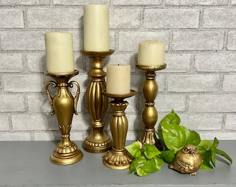 Antique Gold Pillar Candle Holders Set of 4 Baroque Ornate Raised Detailing * French Inspired Table Top Decor * Home & Living
