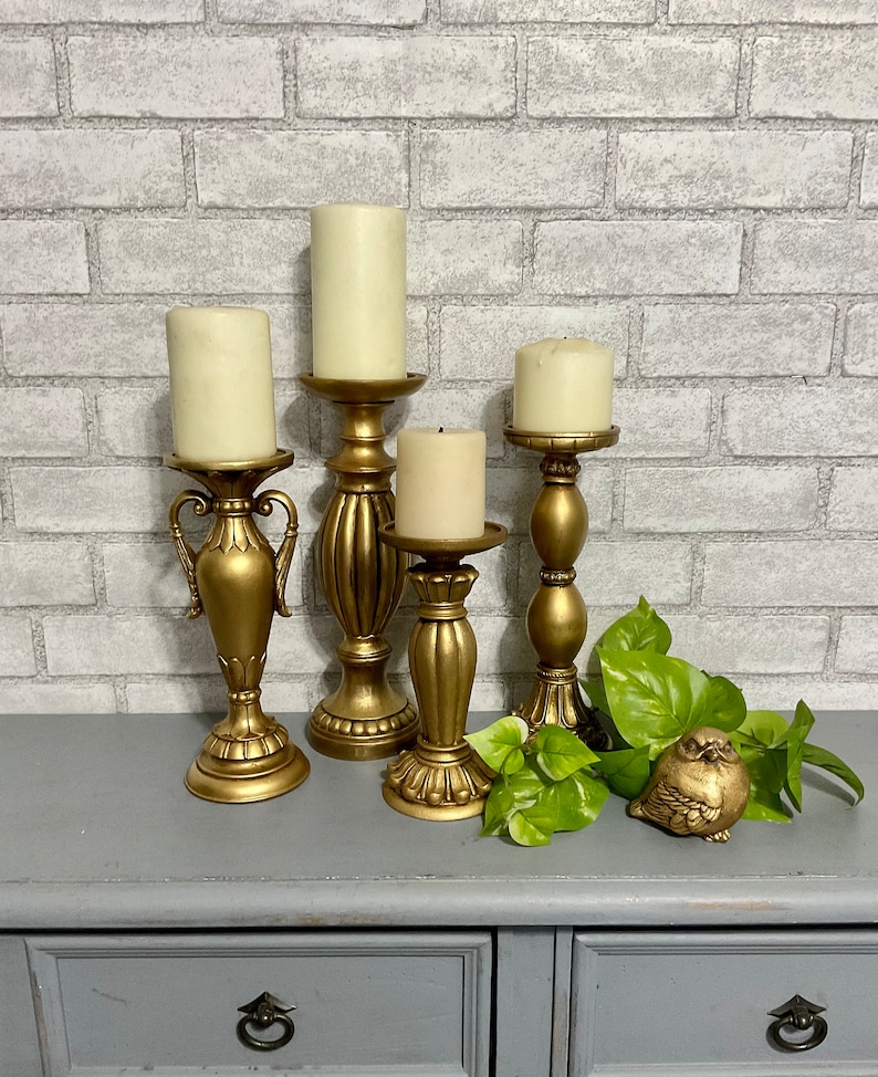 Antique Gold Pillar Candle Holders Set of 4 Baroque Ornate Etsy
