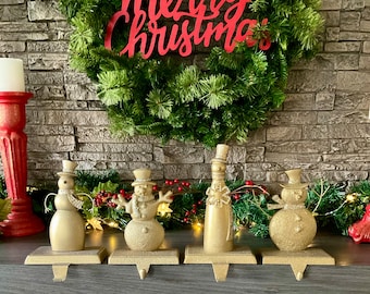 4 Fun Snowman Stocking Hangers, Glistening & Glittery Gold Mantel Stocking Holders, Christmas Decor, Mantel Hanger, G85