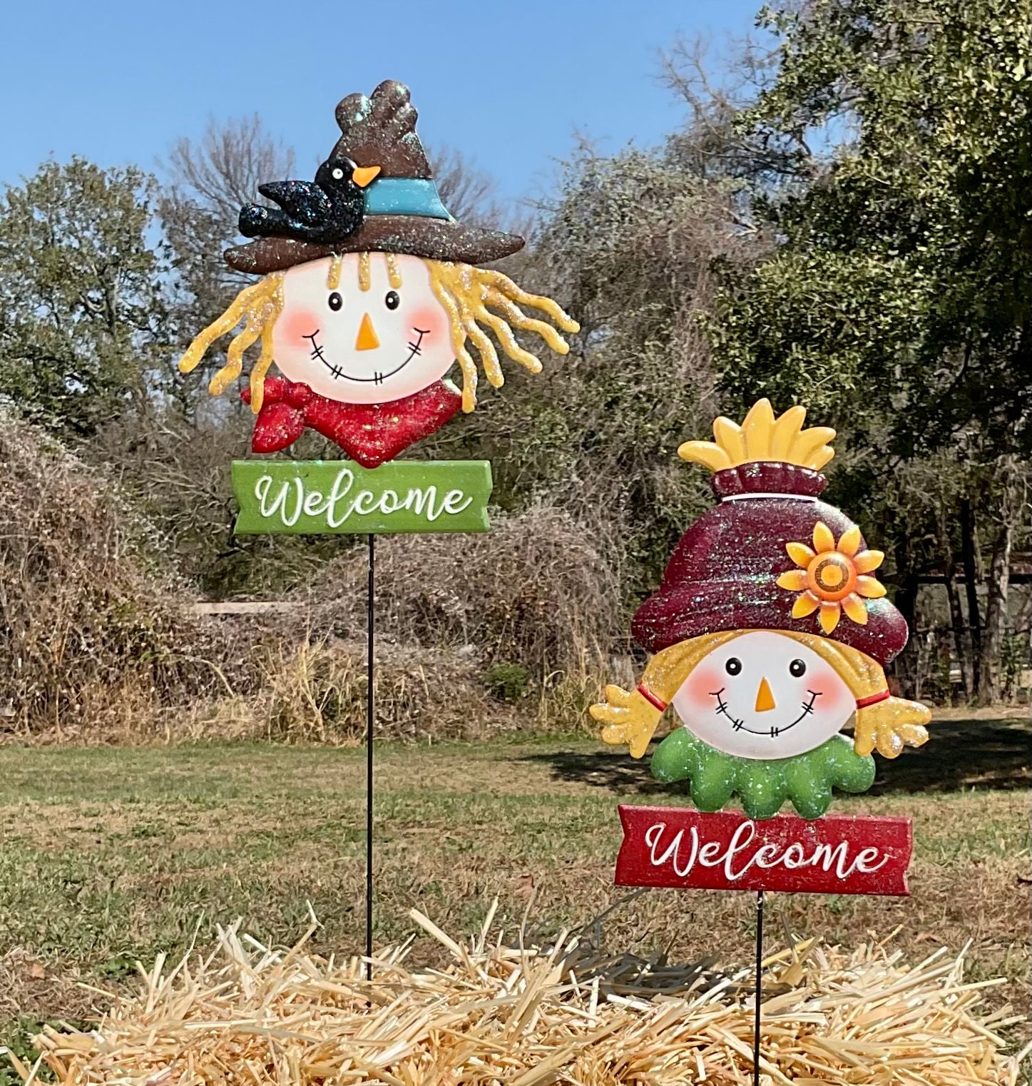 Sparkly Scarecrow Welcome Stake 24 Tall, Boy or Girl, Autumn Fall  Thanksgiving Garden Decor, Metal Yard Art, Flower Pot Stake 