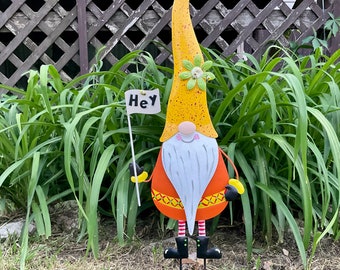 30" Gnome Garden Stake 'HENRY' - Metal Gnome Holding a Sign Garden Art - Yellow/Orange Gnome Yard Stake - Metal Gnome Yard Art