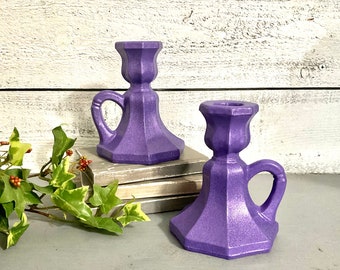 Shimmery Purple Candle Holders with Side Handle - Set of 2 Purple Christmas Taper Holders - Vintage Table Top Decor - Home & Living