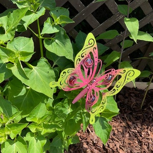 FLUTTERING BUTTERFLY Flower Pot Stake Pink & Lime Butterfly Garden Stake-Metal Garden Art-Metal Garden Friends Stakes-Metal Yard Art