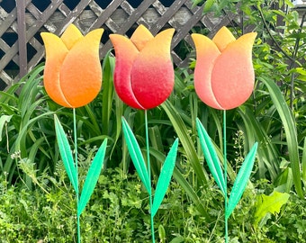 Set of 3 Metal TULIPS 23" Tall/Metal TULIPS/ Hand Painted Coral Yellow Orange Flower Pot Stakes/Metal Yard Art/Tulip Garden Art