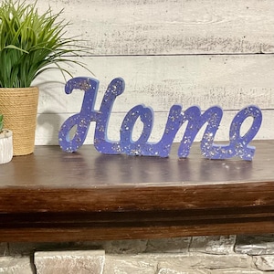 Glittery Purple HOME Word Runner 15&quot; Long /Shelf Sitter Mantel Word Decor, Freestanding Script Letters
