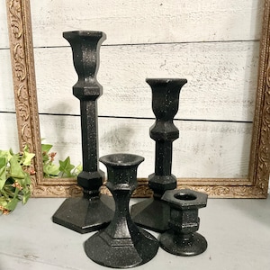Set of 4 Shimmering Black Painted Glass Candle Holders * Black Eclectic Taper Holders * Black Christmas Decor - Home & Living