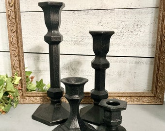 Set of 4 Shimmering Black Painted Glass Candle Holders * Black Eclectic Taper Holders * Black Christmas Decor - Home & Living