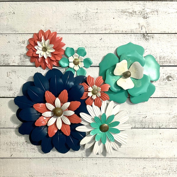 6 BEAUTIFUL BLOOMS/Turquoise Coral Navy Scatter Flowers/Wall Fence Art/Metal Flowers to Hang/Patio Porch Barn SheShed Decor/Metal Yard Art