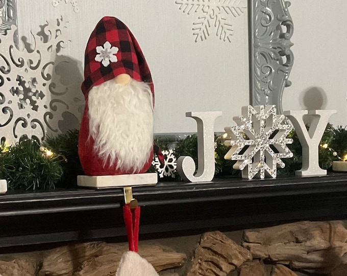 Set of 4 Christmas Gnome Stocking Holders 11 Tall, Fabric Gnome Stocking Hangers, Gnome Mantel