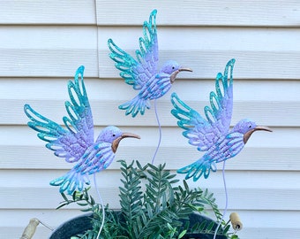 Set of 3 Hummingbird Garden Stakes - 24" H Lavender/Blue Hummingbird Flower Pot Stakes - Metal Yard Art - Garden Decor