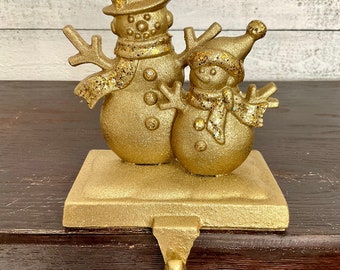 Double Snowman Stocking Holder Shimmery Gold Heavy, Cast Iron Snowman Stocking Hanger, Mantel Hanger, Christmas Decor