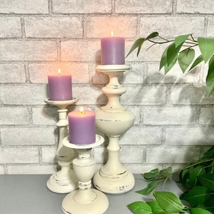 Shabby White Candle Holders Set of 3 Pc Pillar Candle Holders Farmhouse Cottage Chic Metal Candleholders image 2