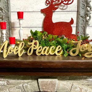 NOEL PEACE JOY Word Runner Shelf Sitter Standing Words, Shimmery Gold Chunky Free Standing Sign, Christmas Mantel Decor