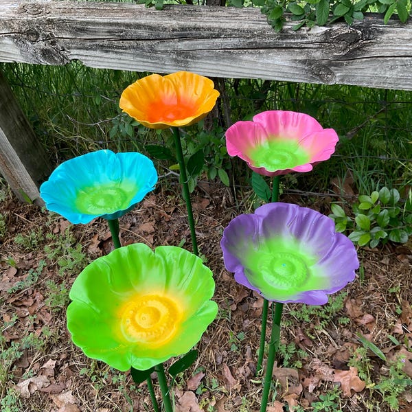 Bee Butterfly Bird Waterer or Feeder Flower Stakes 25" x 5" - Vibrant Color Metal Garden Flowers - Metal Yard Art