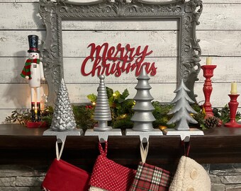 4 Pc Glistening Silver Unique Tree Stocking Holder Set, Shimmery Silver Metal Stocking Hanger, Woodland Theme Christmas Decor S15