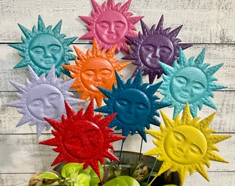 Cheerful Sun Face Garden Stakes  21" Tall  Pick Your Color - Sun Face Flower Pot Stake - Celestial Patio Porch Garden Decor - Metal Yard Art