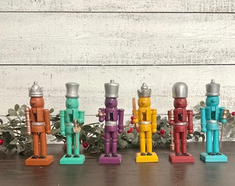 Set of 6 Wood Soldier Nutcrackers 5" Tall Multicolor, Hand Painted Wood Nutcrackers, Table Top Mantel Christmas Decor, Shelf Sitter