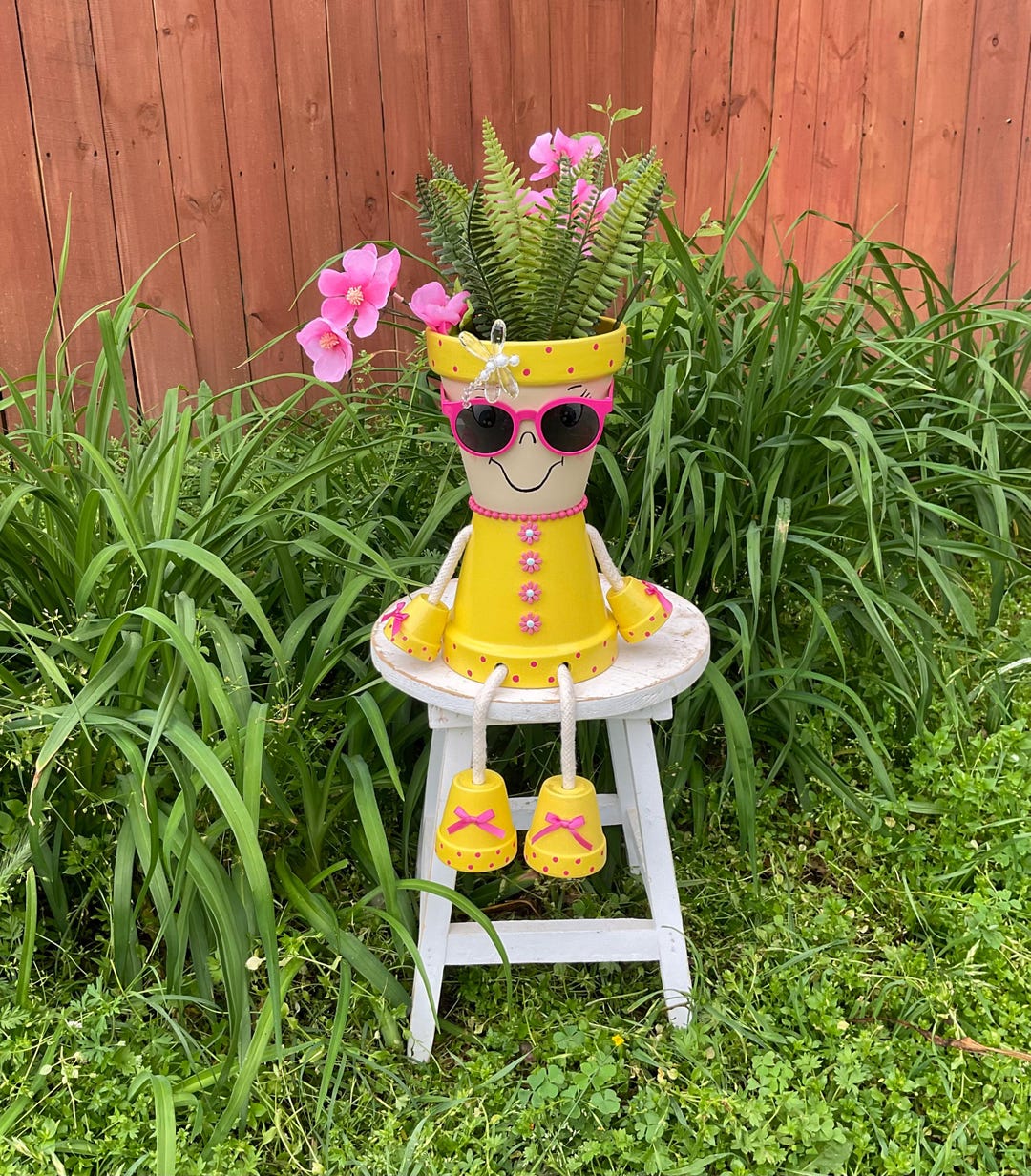 Large Clay Pot People Planter 'lemon Drop Potter' - Yellow Hand Painted ...