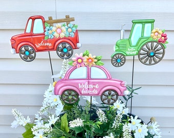 Set of 3 Flower Pot Stakes/Farm Truck Tractor Beetle 24" Tall/Welcome Sign/VW Bug Yard Stake/Garden Decor/Metal Yard Art