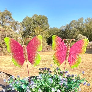 2 Glittery Pink/Lime Butterfly Flower Pot Stake 22&quot; Tall - Ombre Butterfly Metal Garden Art - Butterfly Garden Stakes - Metal Yard Art