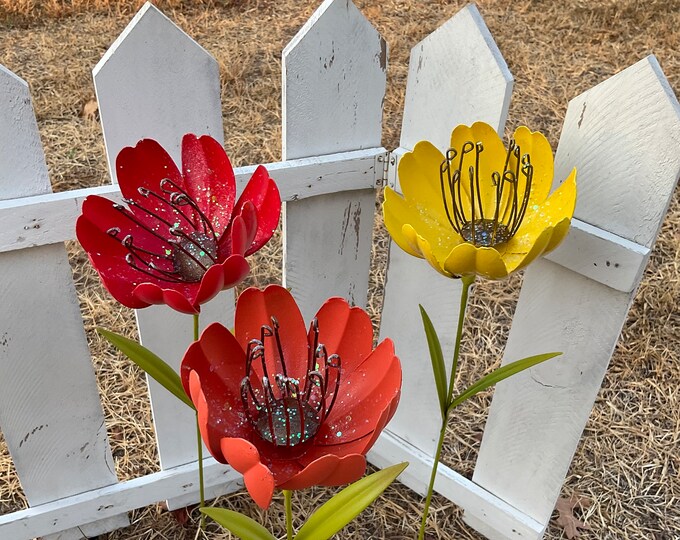 Metal POPPY Garden Stakes 18 Tall Hand Painted Orange Red Yellow Pick Your Color Flower Pot