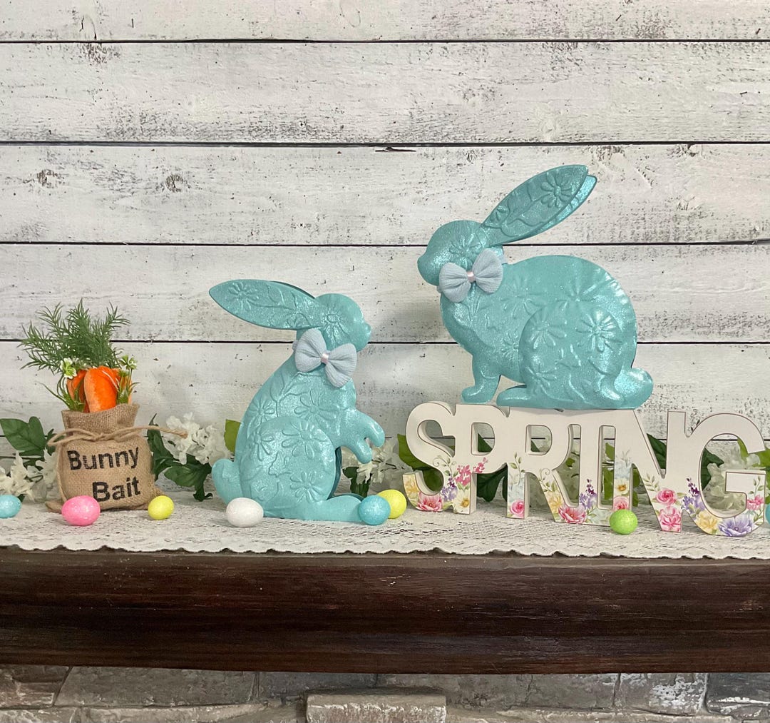 2 Shimmery Mint EASTER BUNNY - Rabbit Pair Table Top Decor - Spring ...