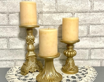 Brilliant Sparkly Gold Pillar Candle Holders Set of 3 Baroque Ornate Raised Detailing * French Inspired Table Top Decor * Home & Living