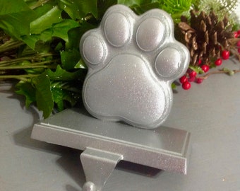 Silver Dog Paw Stocking Holder, Shimmery Silver Metal Dog Paw Print Stocking Hanger, Fur Baby Christmas Decor