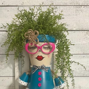 HILDA POTTER the Clay Pot People Planter / Large Teal Blue Girl Terra Cotta Flower Pot / Fun Gardening Decor