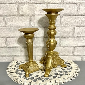 Tall Pair Ornate Gold Pillar Candle Holders 13&quot; & 9&quot;, Heavy Eclectic Baroque Ornate Table Top Holder, Victorian