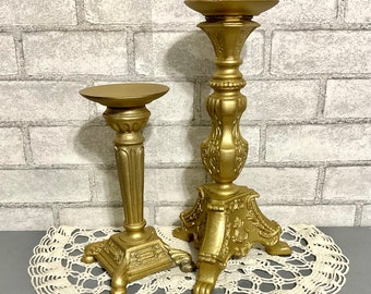 Tall Pair Ornate Gold Pillar Candle Holders 13" & 9", Heavy Eclectic Baroque Ornate Table Top Holder, Victorian