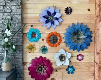 BLOOMING WALL 11 Metal Flowers To Hang  / Indoor Outdoor Home Decor / Metal Yard Art / Wall Fence Decor
