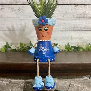 Hand-Painted Clay Pot Planter: Blue Patio Decor