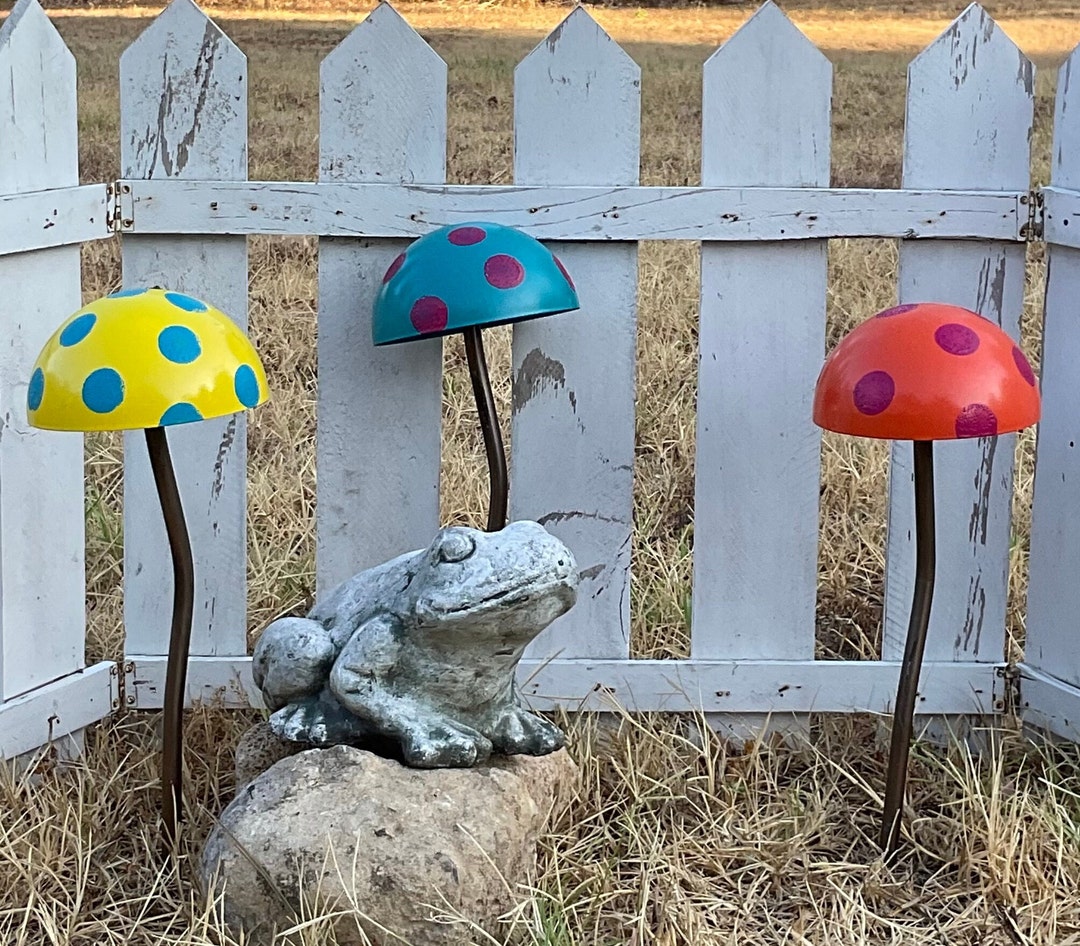 Metal Mushroom Garden Stakes Teal Orange Yellow Mushroom Metal