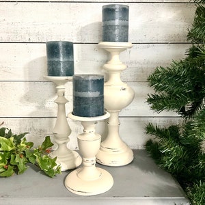 Shabby White Candle Holders Set of 3 Pc Pillar Candle Holders Farmhouse Cottage Chic Metal Candleholders image 3