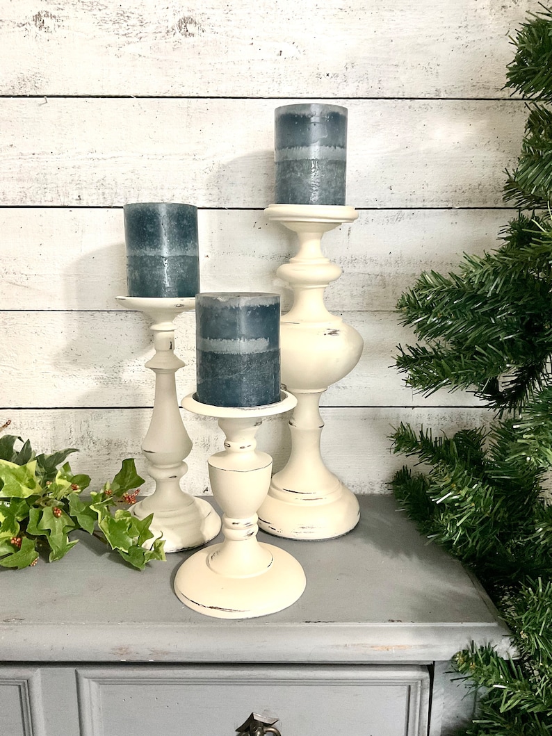 Shabby White Candle Holders Set of 3 Pc Pillar Candle Holders Farmhouse Cottage Chic Metal Candleholders image 3