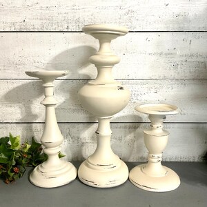 Shabby White Candle Holders Set of 3 Pc Pillar Candle Holders Farmhouse Cottage Chic Metal Candleholders image 4