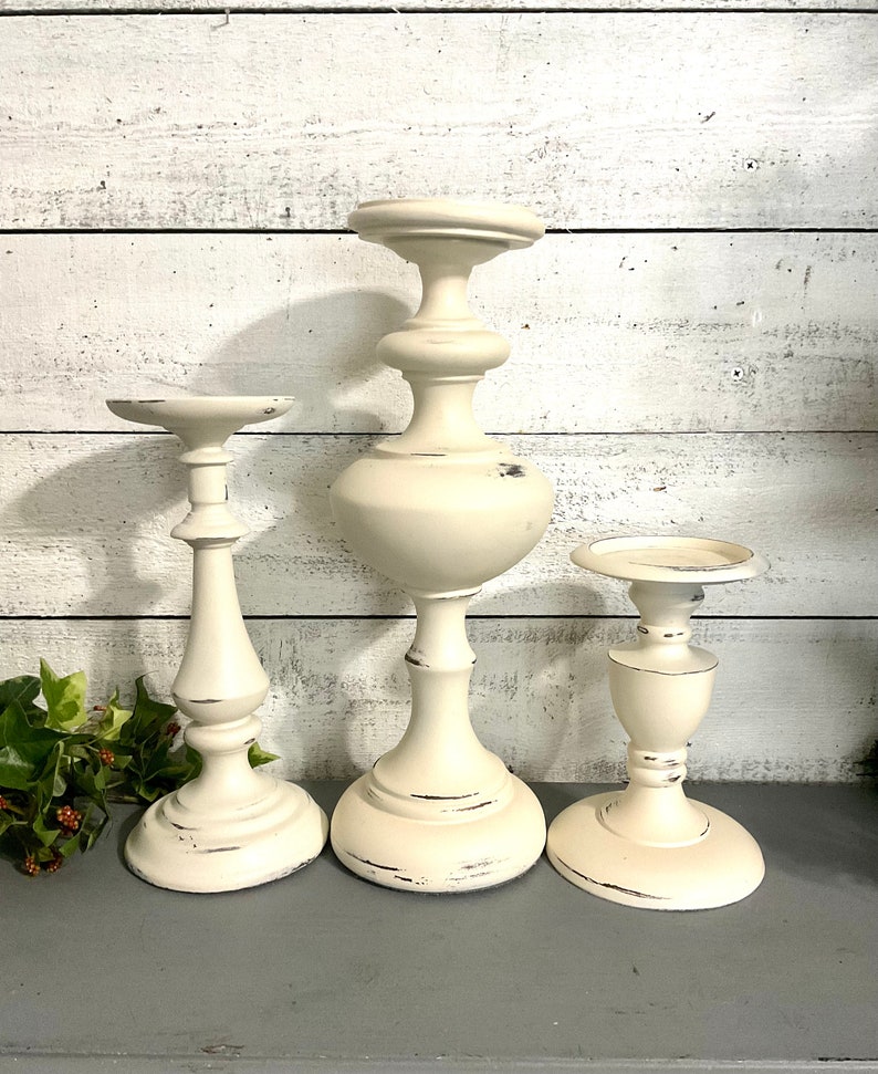 Shabby White Candle Holders Set of 3 Pc Pillar Candle Holders Farmhouse Cottage Chic Metal Candleholders image 4