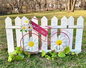 Pink Bicycle w/White Daisies & Welcome Sign Garden Stake 23" Long - Hand Painted Metal Garden Yard Art - Whimsical Bicycle