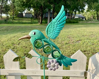 Fluttering Turquoise Hummingbird Garden Stake - Metal Yard Art - Green Bird Garden Decor - Flower Pot Stake