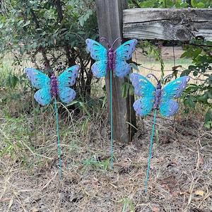 Set of 3 Colorful Butterfly Flower Pot Stakes 22&quot; Tall - Hand Painted Blue & Plum Butterfly Metal Garden Art - Metal Yard Art