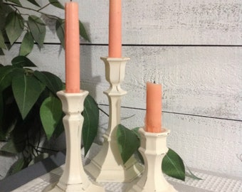 Slender Vintage Glass Candlesticks Eclectic Set of 3 / Table Top Taper Holders / Home and Living