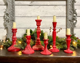 Set of 6 Glistening Red Taper Candle Holders * Eclectic Christmas Red Eclectic Table Top Mantel Entry Way Decor * Home & Living