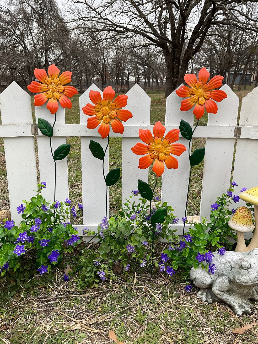 21 Tall Orange Garden Stakes, Garden Art, Hand Painted Metal Flower Pot Stakes, Metal Yard Art