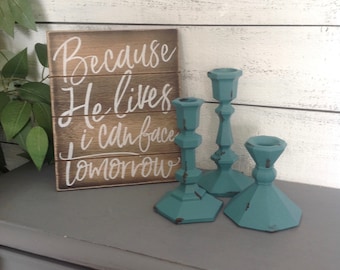 Teal Blue Glass Candlesticks Eclectic Set of 3 / Heavy Glass Table Top Taper Holders / Home and Living